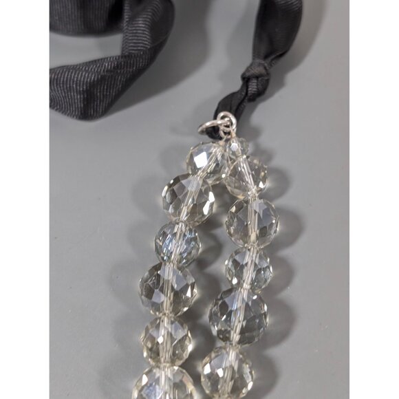 Gray Faceted Glass Bead Two Strand Black Ribbon Tie Statement Necklace 48" - Picture 4 of 8